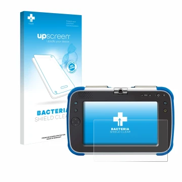 Face avant d’un emballage produit avec le logo de la marque upscreen. À côté, l’appareil Vtech Storio Max XL 2.0 est représent