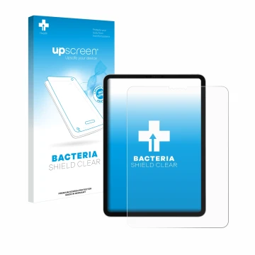 Face avant d’un emballage produit avec le logo de la marque upscreen. À côté, l’appareil Apple iPad Pro 11