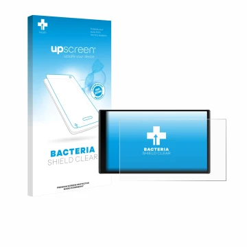 Face avant d’un emballage produit avec le logo de la marque upscreen. À côté, l’appareil Garmin DriveTrack 71 est représenté a