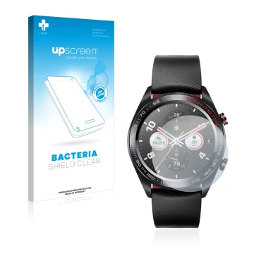 Face avant d’un emballage produit avec le logo de la marque upscreen. À côté, l’appareil Honor Watch Magic est représenté avec