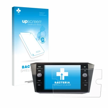 Face avant d’un emballage produit avec le logo de la marque upscreen. À côté, l’appareil Volkswagen Tiguan Discover Media 8