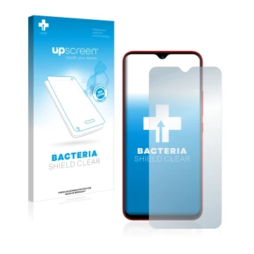 Face avant d’un emballage produit avec le logo de la marque upscreen. À côté, l’appareil Umidigi F1 est représenté avec la pro