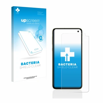 Face avant d’un emballage produit avec le logo de la marque upscreen. À côté, l’appareil Samsung Galaxy S10e est représenté av