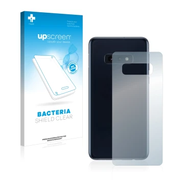 Face avant d’un emballage produit avec le logo de la marque upscreen. À côté, l’appareil Samsung Galaxy S10e (Arrière) est rep