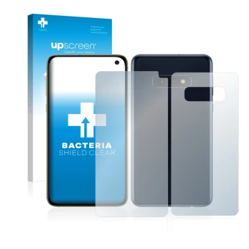 Face avant d’un emballage produit avec le logo de la marque upscreen. À côté, l’appareil Samsung Galaxy S10e (Avant+Arrière) e