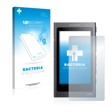 Face avant d’un emballage produit avec le logo de la marque upscreen. À côté, l’appareil Sony Walkman A40 est représenté avec 