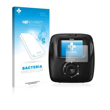 Face avant d’un emballage produit avec le logo de la marque upscreen. À côté, l’appareil Fujifilm Instax Square SQ20 est repré