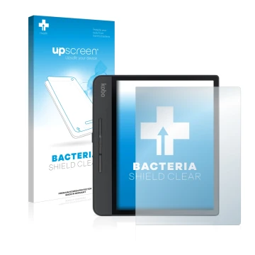 Face avant d’un emballage produit avec le logo de la marque upscreen. À côté, l’appareil Kobo Forma est représenté avec la pro