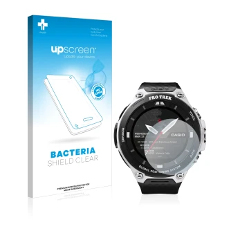 Face avant d’un emballage produit avec le logo de la marque upscreen. À côté, l’appareil Casio Pro Trek Smart WSD-F20 est repr
