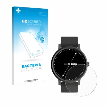 Face avant d’un emballage produit avec le logo de la marque upscreen. À côté, l’appareil Circulaire Displays (ø: 30 mm) est re