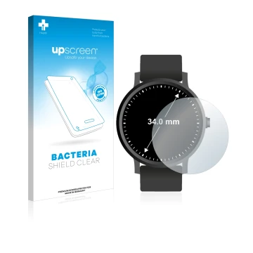 Face avant d’un emballage produit avec le logo de la marque upscreen. À côté, l’appareil Circulaire Displays (ø: 34 mm) est re