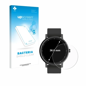 Face avant d’un emballage produit avec le logo de la marque upscreen. À côté, l’appareil Circulaire Displays (ø: 36 mm) est re