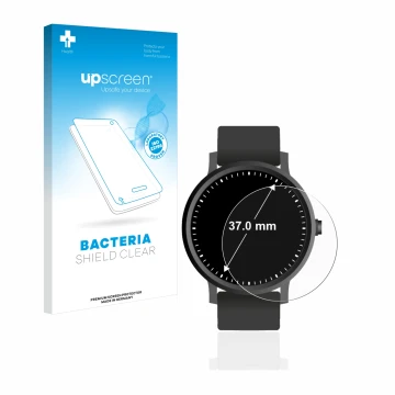 Face avant d’un emballage produit avec le logo de la marque upscreen. À côté, l’appareil Circulaire Displays (ø: 37 mm) est re