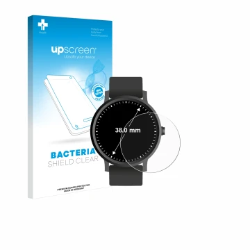 Face avant d’un emballage produit avec le logo de la marque upscreen. À côté, l’appareil Circulaire Displays (ø: 38 mm) est re