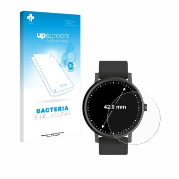 Face avant d’un emballage produit avec le logo de la marque upscreen. À côté, l’appareil Circulaire Displays (ø: 42 mm) est re