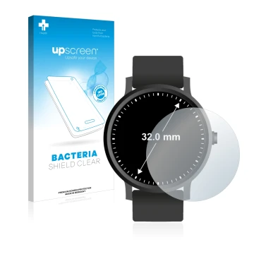 Face avant d’un emballage produit avec le logo de la marque upscreen. À côté, l’appareil Circulaire Displays (ø: 32 mm) est re