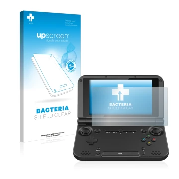 Face avant d’un emballage produit avec le logo de la marque upscreen. À côté, l’appareil GPD XD Plus 7.0 est représenté avec l