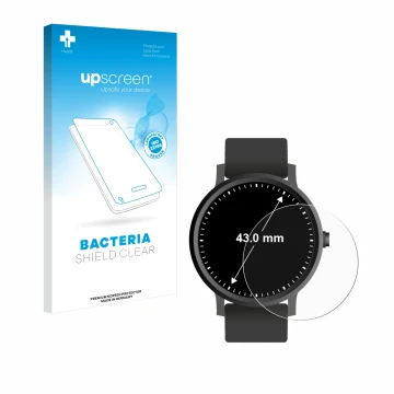 Face avant d’un emballage produit avec le logo de la marque upscreen. À côté, l’appareil Circulaire Displays (ø: 43 mm) est re