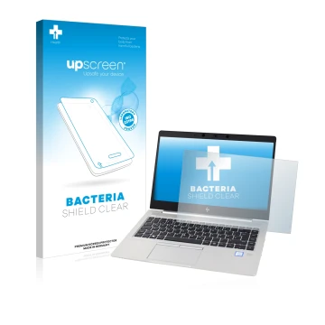 Face avant d’un emballage produit avec le logo de la marque upscreen. À côté, l’appareil HP EliteBook 830 G5 Non-Touch est rep