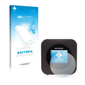 Face avant d’un emballage produit avec le logo de la marque upscreen. À côté, l’appareil Netgear Nighthawk M1 est représenté a