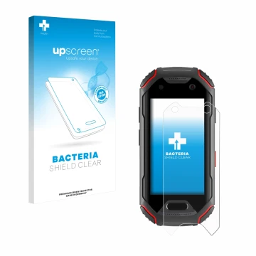 Face avant d’un emballage produit avec le logo de la marque upscreen. À côté, l’appareil Unihertz Atom est représenté avec la 