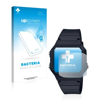 Face avant d’un emballage produit avec le logo de la marque upscreen. À côté, l’appareil Casio Unisex A168WA-1YES est représen