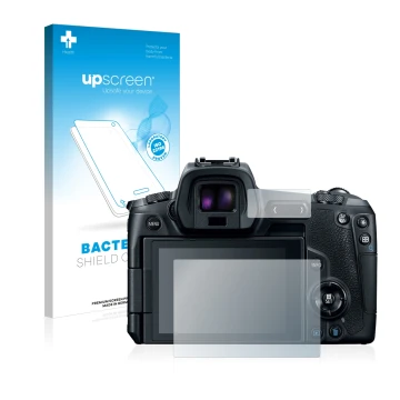Face avant d’un emballage produit avec le logo de la marque upscreen. À côté, l’appareil Canon EOS R est représenté avec la pr
