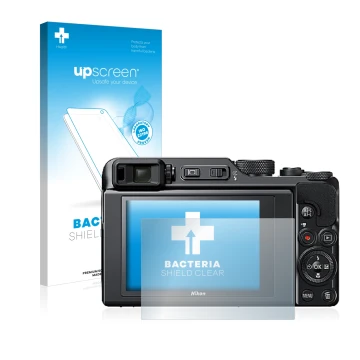 Face avant d’un emballage produit avec le logo de la marque upscreen. À côté, l’appareil Nikon Coolpix A1000 est représenté av