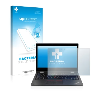 Face avant d’un emballage produit avec le logo de la marque upscreen. À côté, l’appareil Lenovo ThinkPad L390 Yoga est représe