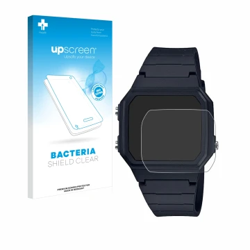 Face avant d’un emballage produit avec le logo de la marque upscreen. À côté, l’appareil Casio Unisex F-91W est représenté ave