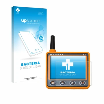 Face avant d’un emballage produit avec le logo de la marque upscreen. À côté, l’appareil Skytraxx 2.1 Vario est représenté ave