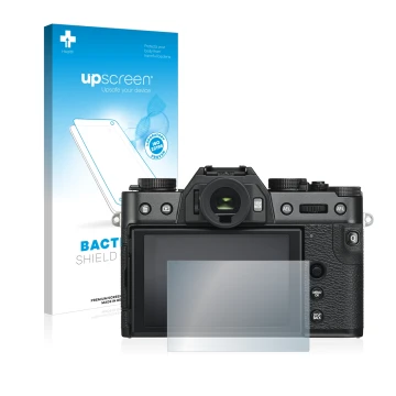 Face avant d’un emballage produit avec le logo de la marque upscreen. À côté, l’appareil Fujifilm X-T30 est représenté avec la