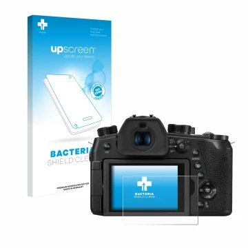 Face avant d’un emballage produit avec le logo de la marque upscreen. À côté, l’appareil Panasonic Lumix DC-FZ1000 II est repr