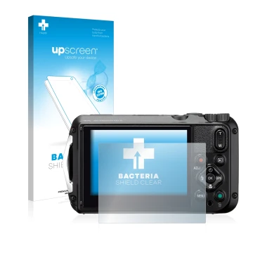 Face avant d’un emballage produit avec le logo de la marque upscreen. À côté, l’appareil Ricoh WG-6 est représenté avec la pro