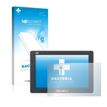 Face avant d’un emballage produit avec le logo de la marque upscreen. À côté, l’appareil Feelworld T7 7