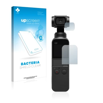 Face avant d’un emballage produit avec le logo de la marque upscreen. À côté, l’appareil DJI Osmo Pocket (Affichage + Lentille