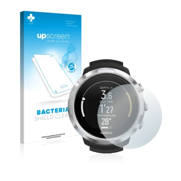 Face avant d’un emballage produit avec le logo de la marque upscreen. À côté, l’appareil Suunto D6 Support est représenté avec