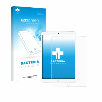 Face avant d’un emballage produit avec le logo de la marque upscreen. À côté, l’appareil Apple iPad Air 2019 (3ème Gen.) est r