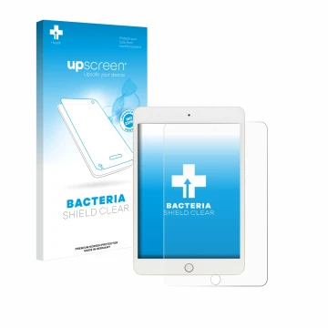 Face avant d’un emballage produit avec le logo de la marque upscreen. À côté, l’appareil Apple iPad Mini 5 2019 (5ème Gen.) es