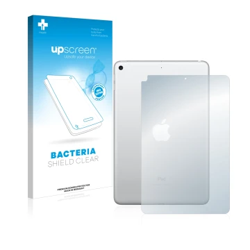 Face avant d’un emballage produit avec le logo de la marque upscreen. À côté, l’appareil Apple iPad Mini 5 2019 (Arrière, 5ème
