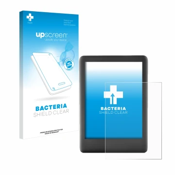 Face avant d’un emballage produit avec le logo de la marque upscreen. À côté, l’appareil Amazon Kindle 2019 (10ème Gen.) est r