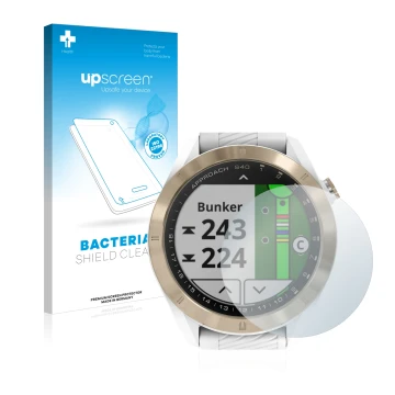 Face avant d’un emballage produit avec le logo de la marque upscreen. À côté, l’appareil Garmin Approach S40 est représenté av