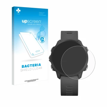 Face avant d’un emballage produit avec le logo de la marque upscreen. À côté, l’appareil Garmin Forerunner 245 Music est repré