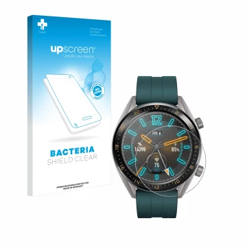 Face avant d’un emballage produit avec le logo de la marque upscreen. À côté, l’appareil Huawei Watch GT Active est représenté