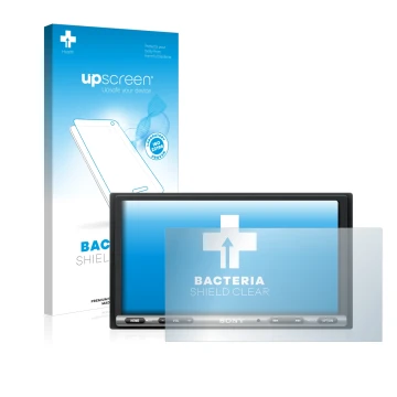 Face avant d’un emballage produit avec le logo de la marque upscreen. À côté, l’appareil Sony XAV-AX3005DB est représenté avec