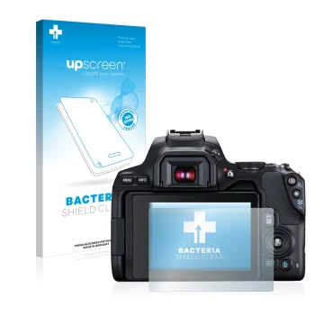 Face avant d’un emballage produit avec le logo de la marque upscreen. À côté, l’appareil Canon EOS 250D est représenté avec la