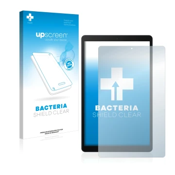 Face avant d’un emballage produit avec le logo de la marque upscreen. À côté, l’appareil Samsung Galaxy Tab A 10.1 2019 est re