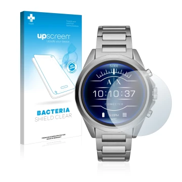 Face avant d’un emballage produit avec le logo de la marque upscreen. À côté, l’appareil Emporio Armani Connected Exchange AXT