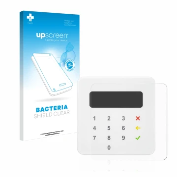 Face avant d’un emballage produit avec le logo de la marque upscreen. À côté, l’appareil SumUp Air est représenté avec la prot