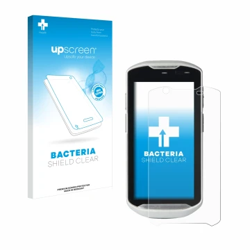 Face avant d’un emballage produit avec le logo de la marque upscreen. À côté, l’appareil Zebra TC52-HC est représenté avec la 